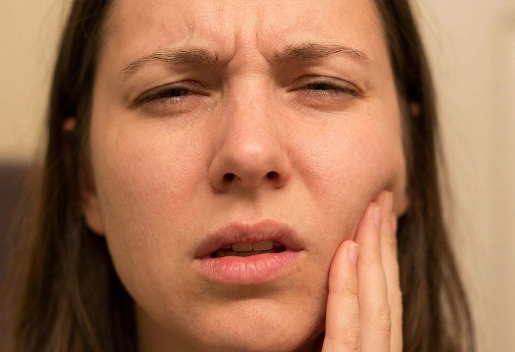 Woman holding her cheek with a throbbing tooth abscess pain