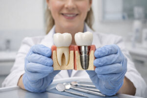 Dentist holding dental crown and implant tooth models
