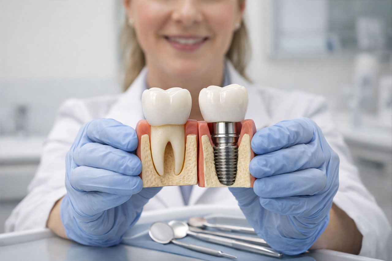 Dentist holding dental crown and implant tooth models