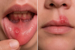 Comparison of canker sore vs cold sore on lip area