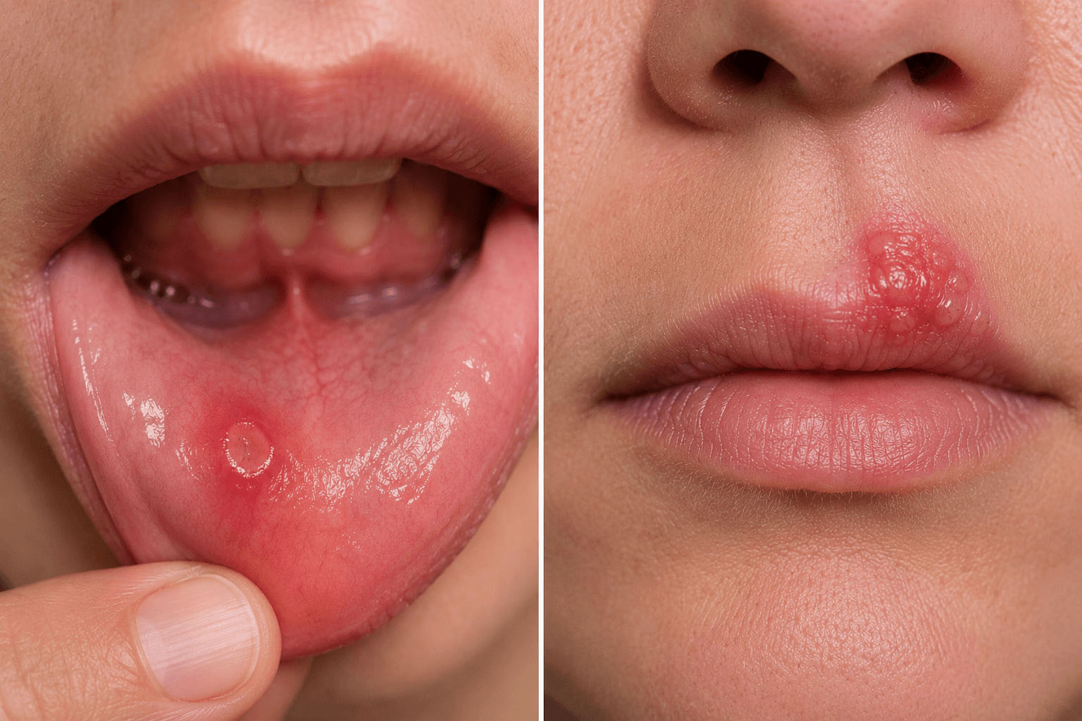 Comparison of canker sore vs cold sore on lip area