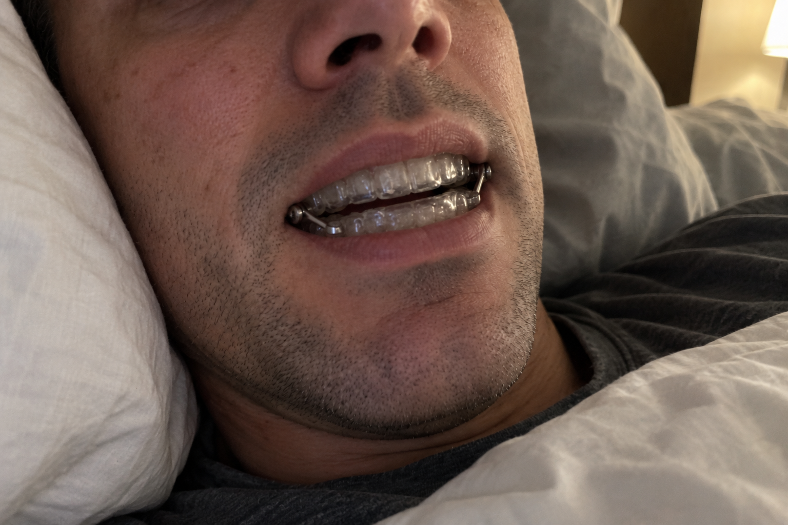 Mandibular advancement device holding the lower jaw forward in sleep