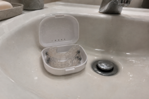 Sleep apnoea mouth guard in case for dental appliance treatment